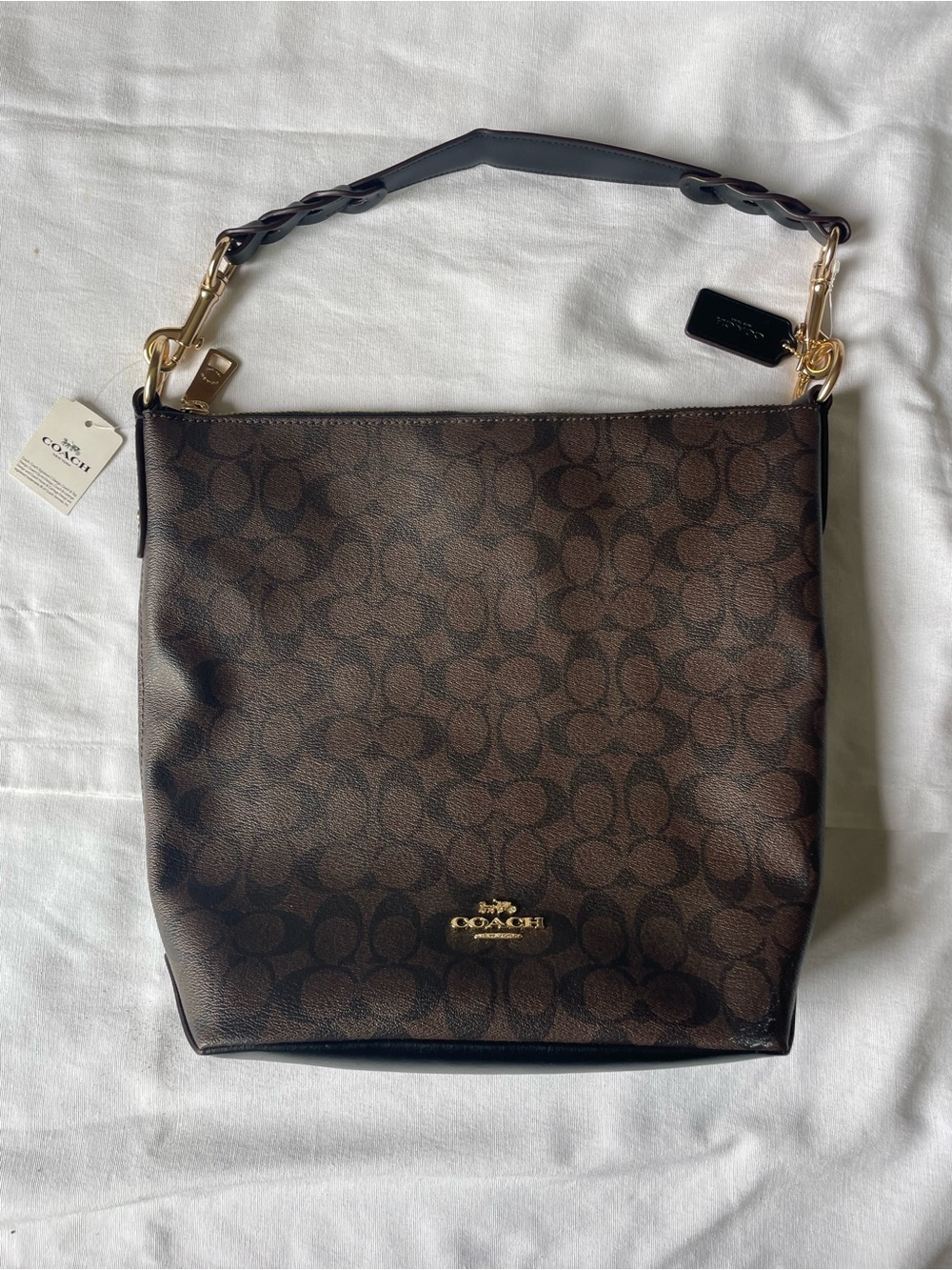 Coach Dark Brown Signature Canvas Shoulder Bag with Gold Hardware